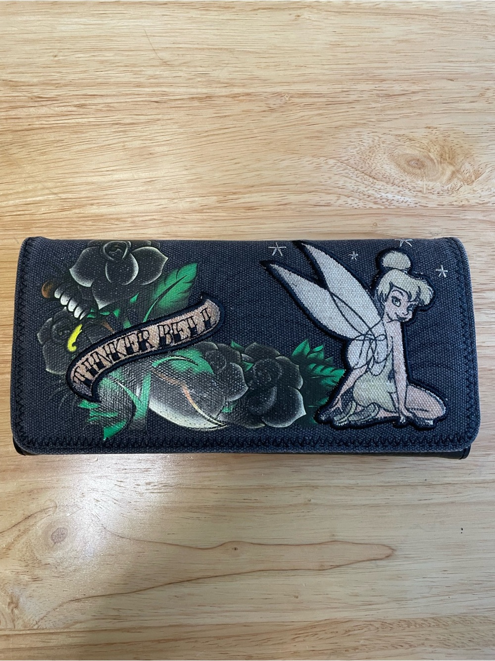 Disney Loungefly Tinker Bell Black Canvas Leather Tattoo Wallet
